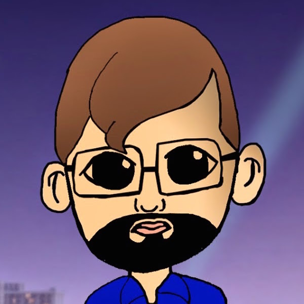 A cartoon of a Caucasian man with brown hair, glasses, and a beard on a purple background.
